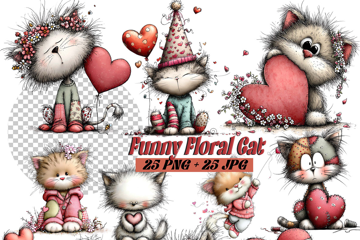 Whimsical Floral Cat Clipart Bundle, an Animal Illustration by one-touch (Photo 1 of 18)