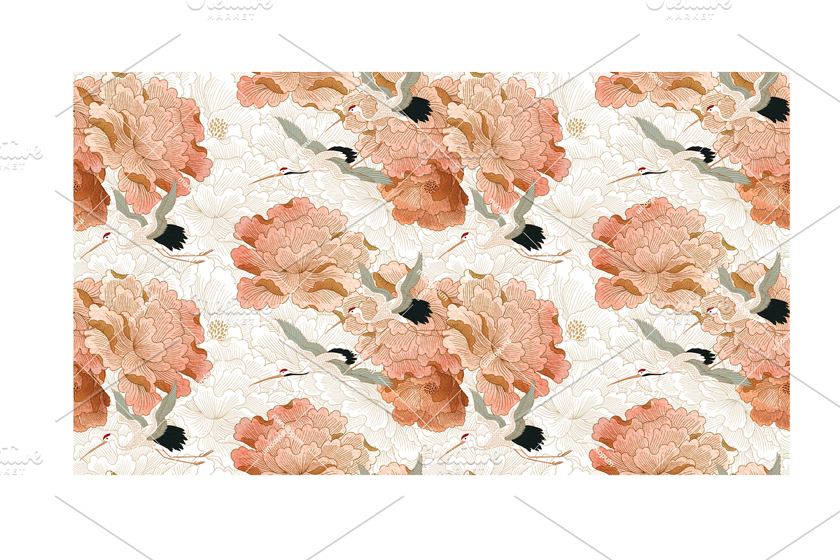 Crane birds & Peony Flower Pattern, a Pattern Graphic by marukopum (Photo 3 of 3)