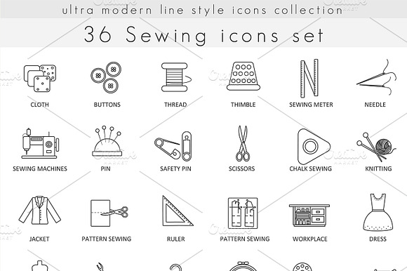 36 Sewing Line Icons Set.