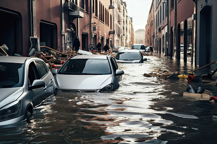 Floating cars in the water during flooding in an european village, with washed