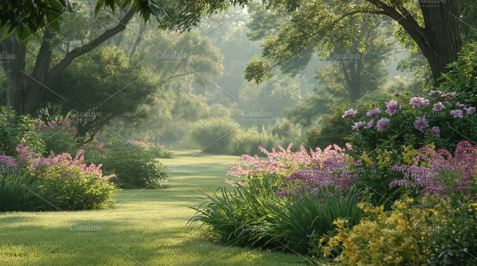 Lush garden path winding through flowering plants and green lawn on a peaceful, a Photo by Studio ANNA