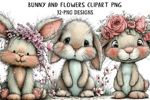 Bunny and Flowers Clipart Png, an Illustration by Daily.Designs