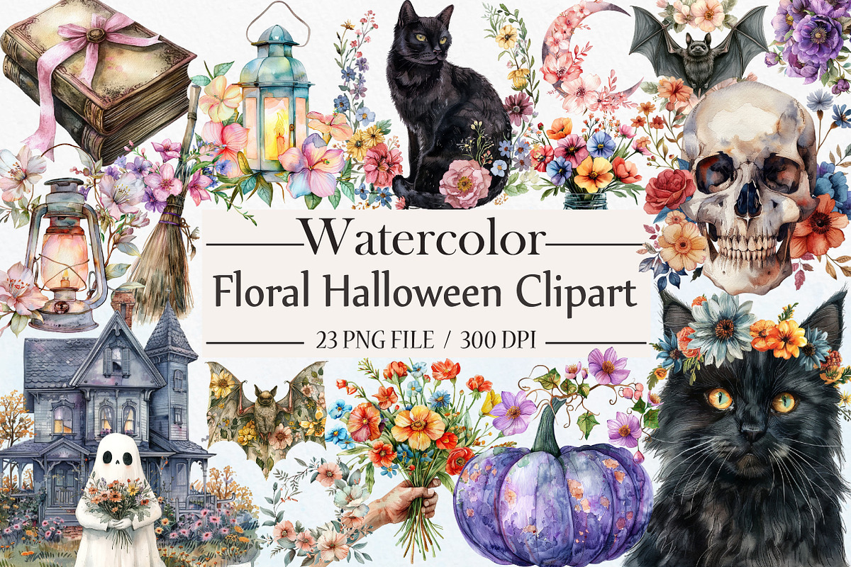 Watercolor Floral Halloween Clipart, an Illustration by Libby Wishes (Photo 1 of 5)