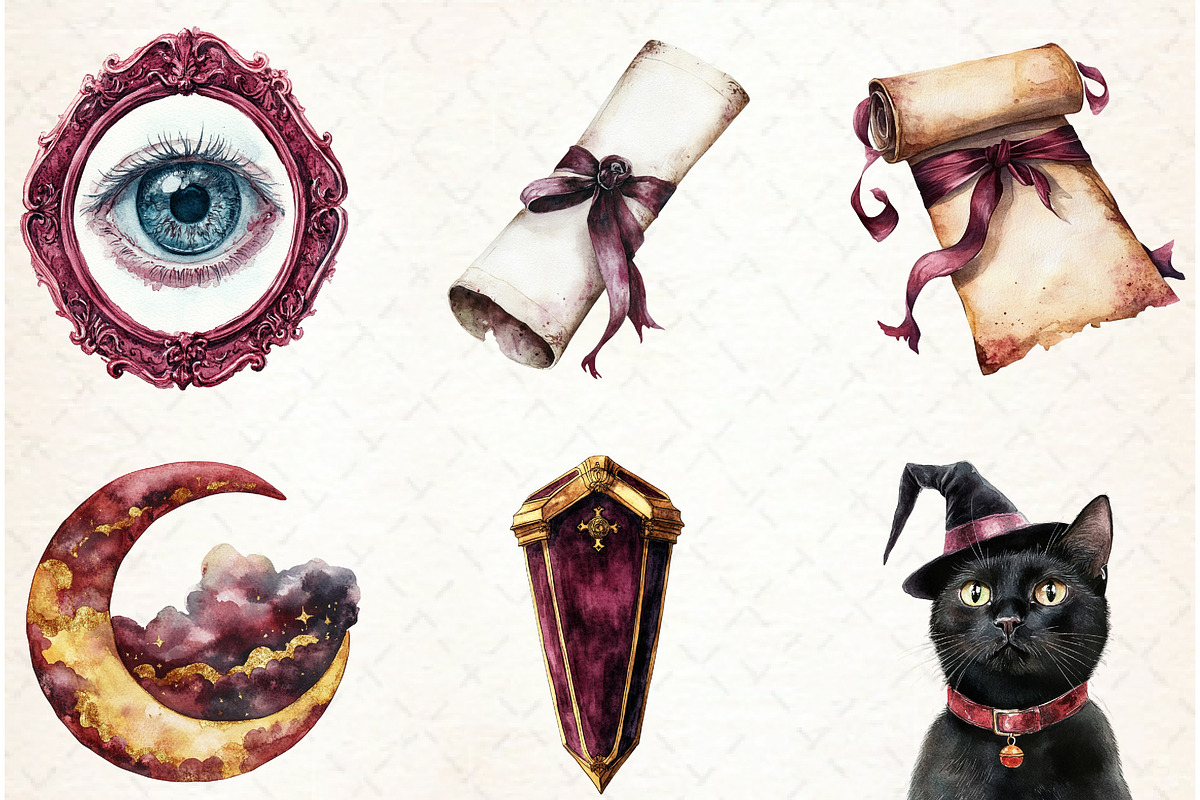 Watercolor Burgundy Halloween Clipar, an Illustration by Libby Wishes (Photo 3 of 11)