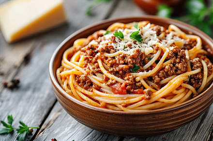 Spaghetti bolognese with ground beef in plate, a Food & Drink Photo by AlyaAnd