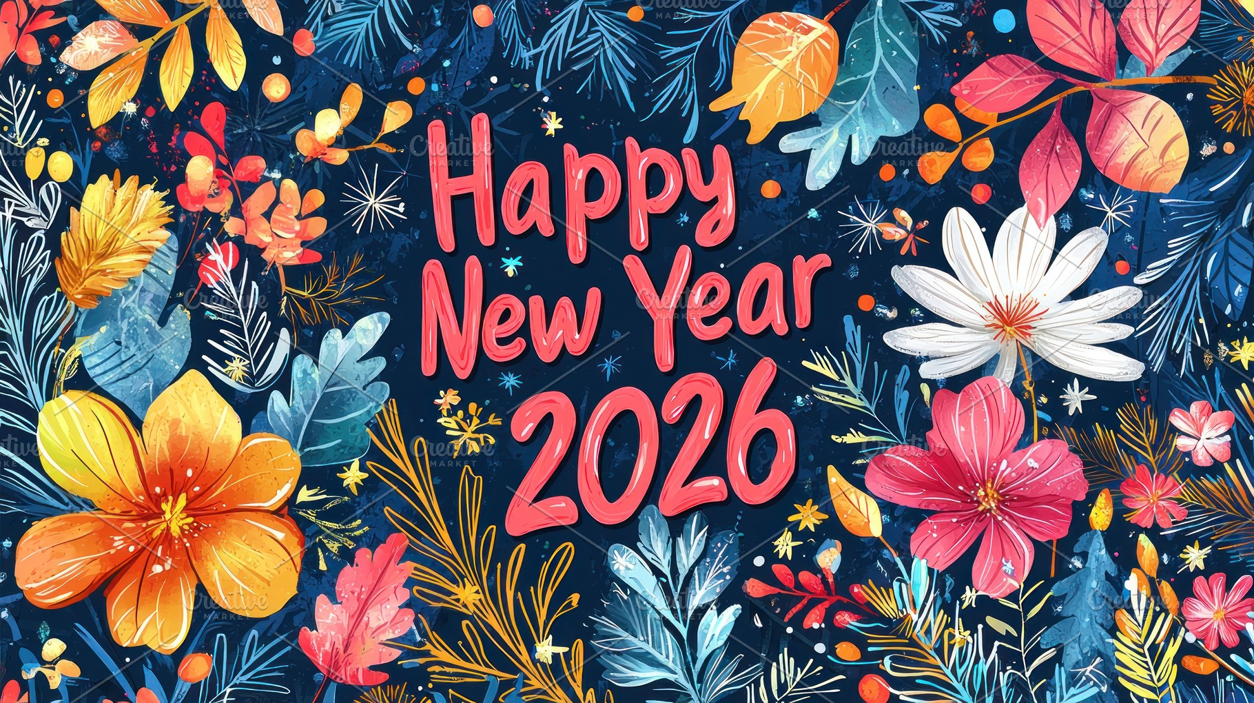 Happy New Year 2026 greeting with colorful floral arrangement an, an Abstract Photo by José Manuel Gelpi