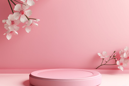 Fresh lush pink sakura flowers on branch with cylinder podium mockup in soft li, an Abstract Photo by Natalia Klenova's Shop