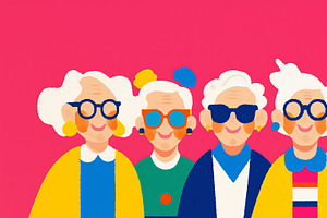 Colorful illustration of elderly friends enjoying vibrant moments together, an Illustration by AS photostudio