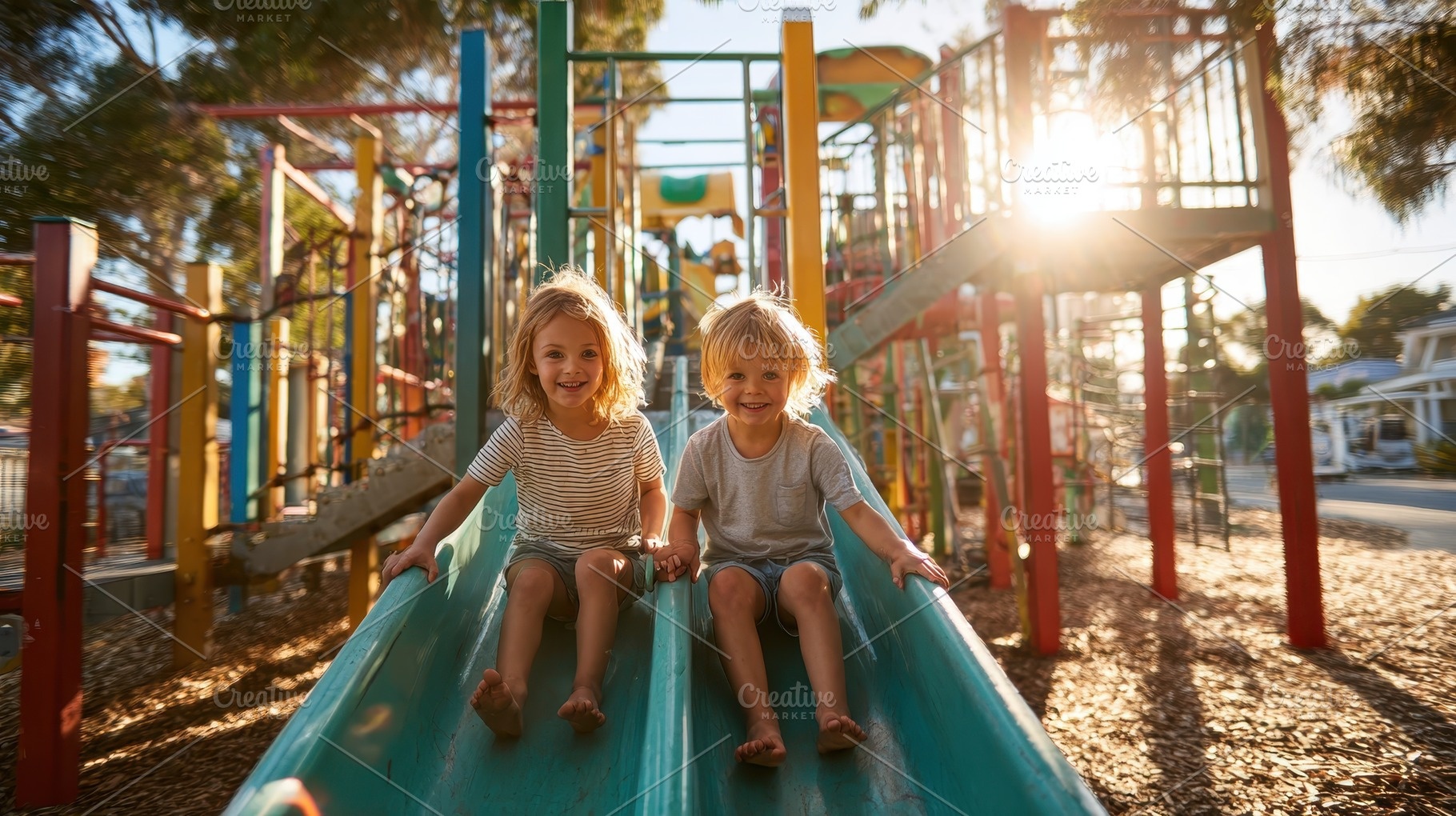 Happy kids sliding down playground s, a Photo by Pixeness Studio