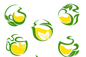 Green or herbal tea with lemon icons, a Solid Icon by Vector Tradition