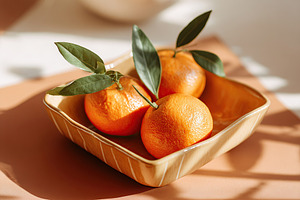 Handcrafted ceramic deep dish with vibrant oranges and green leaves in warm lig, a Food & Drink Photo by AlyaAnd