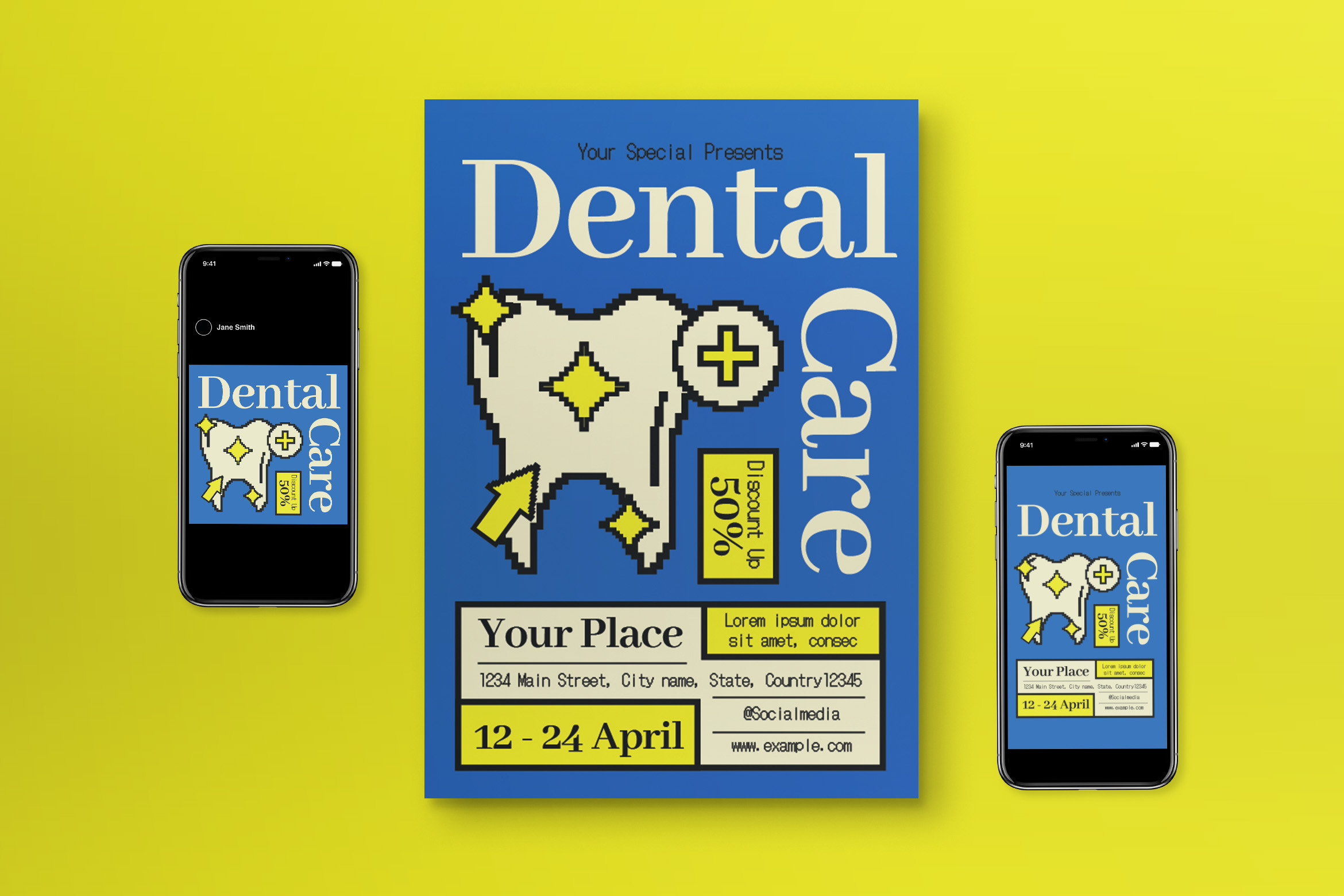 Yellow Pixellated Dental Flyer Set | Flyer Templates ~ Creative Market