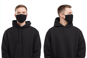 A young man wearing a black hoodie and a black face mask mockup, shown from two, a Mask Mockup by Textures & Backgrounds
