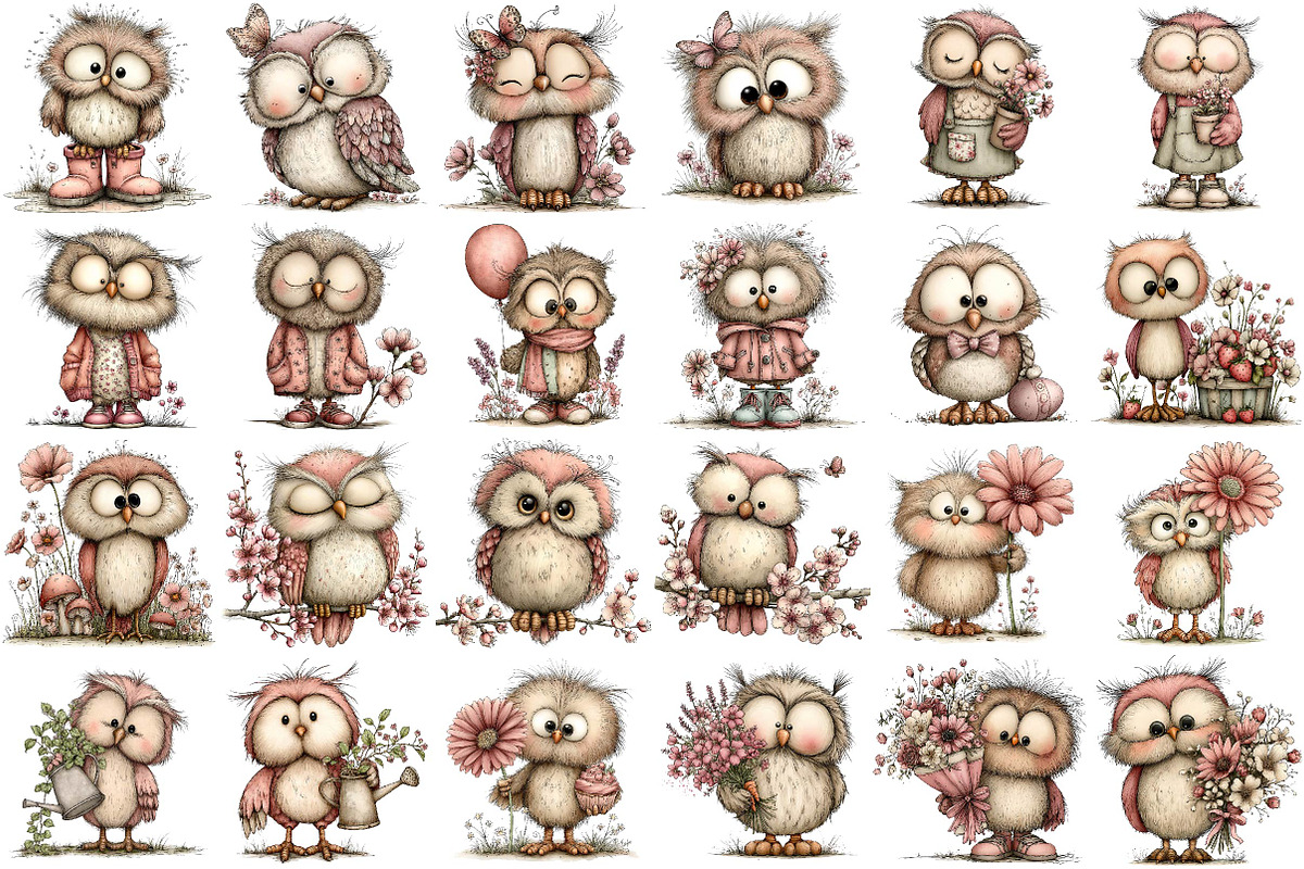 Whimsical Spring Owl Clipart Bundle, an Illustration by DreamPrint404 (Photo 2 of 6)