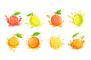 Fruits in juice splashes. Isolated, a Food Illustration by Valerie Bodnar