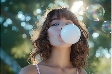 Beautiful young woman blowing bubble, a Person Photo by Ylivdesign