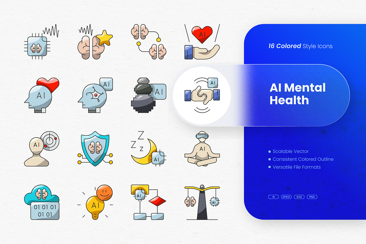 AI Mental Health Colored Icons, an Outline Icon by cidcud_graphic