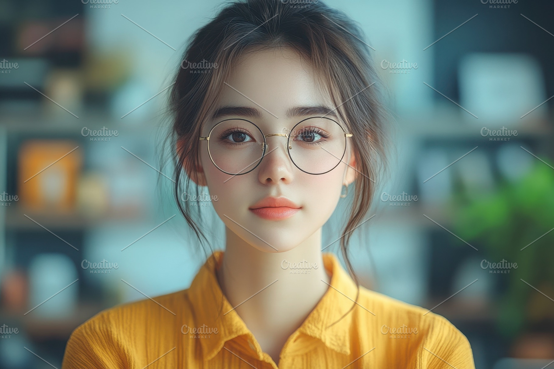 Young woman in yellow shirt wearing, a Photo by Tanuart