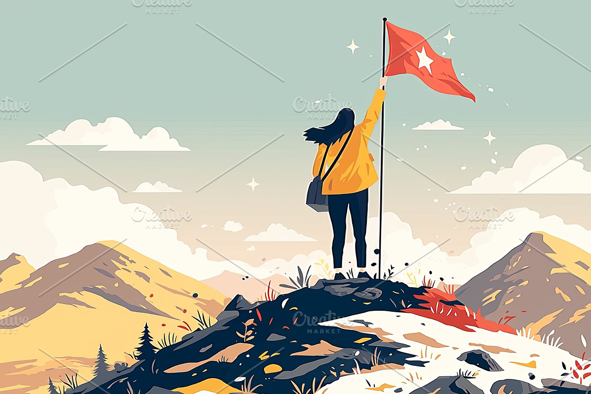 Woman standing on a hilltop holding a red star flag in victory, an Illustration by AS photostudio