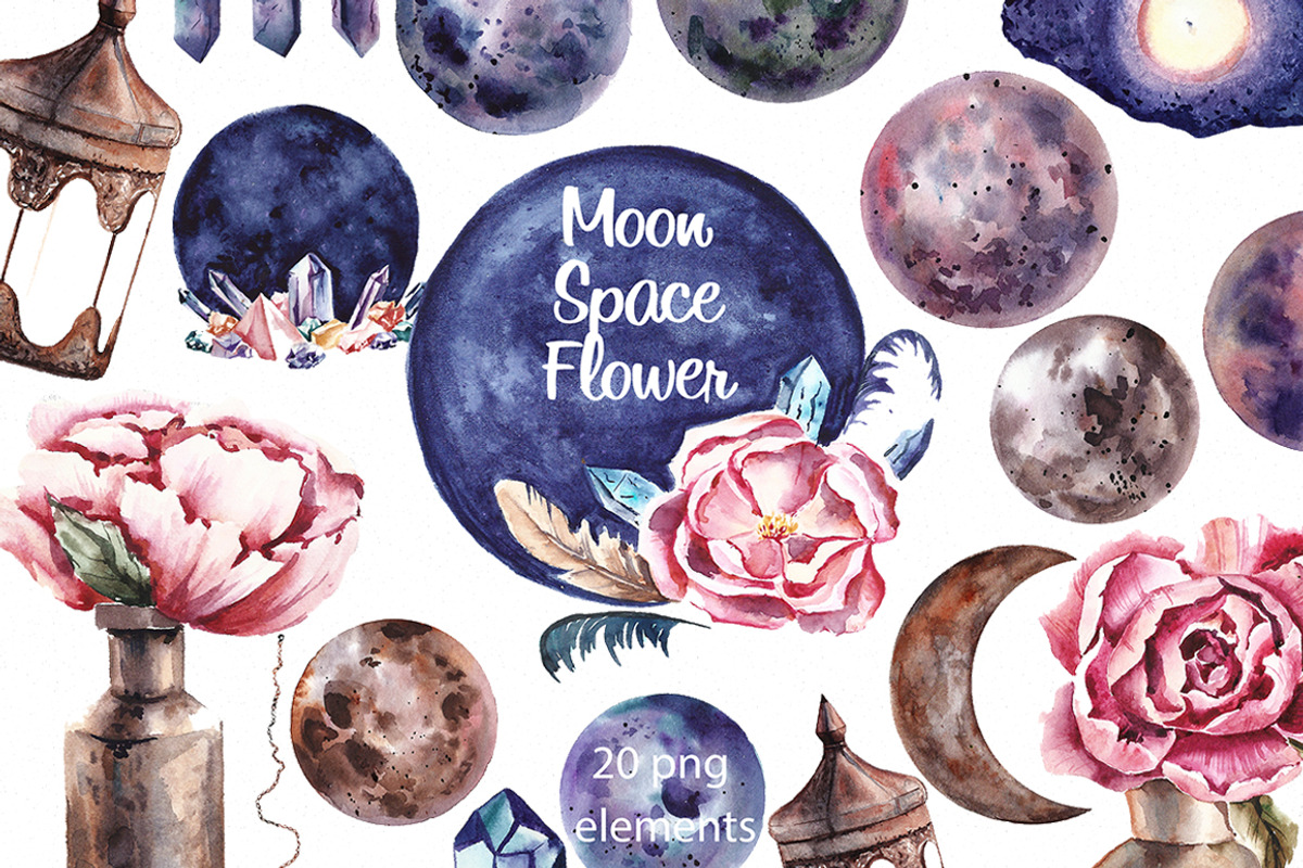 Moon Space Flower Spring clipart, an Illustration by SparklePixieStudio (Photo 1 of 4)