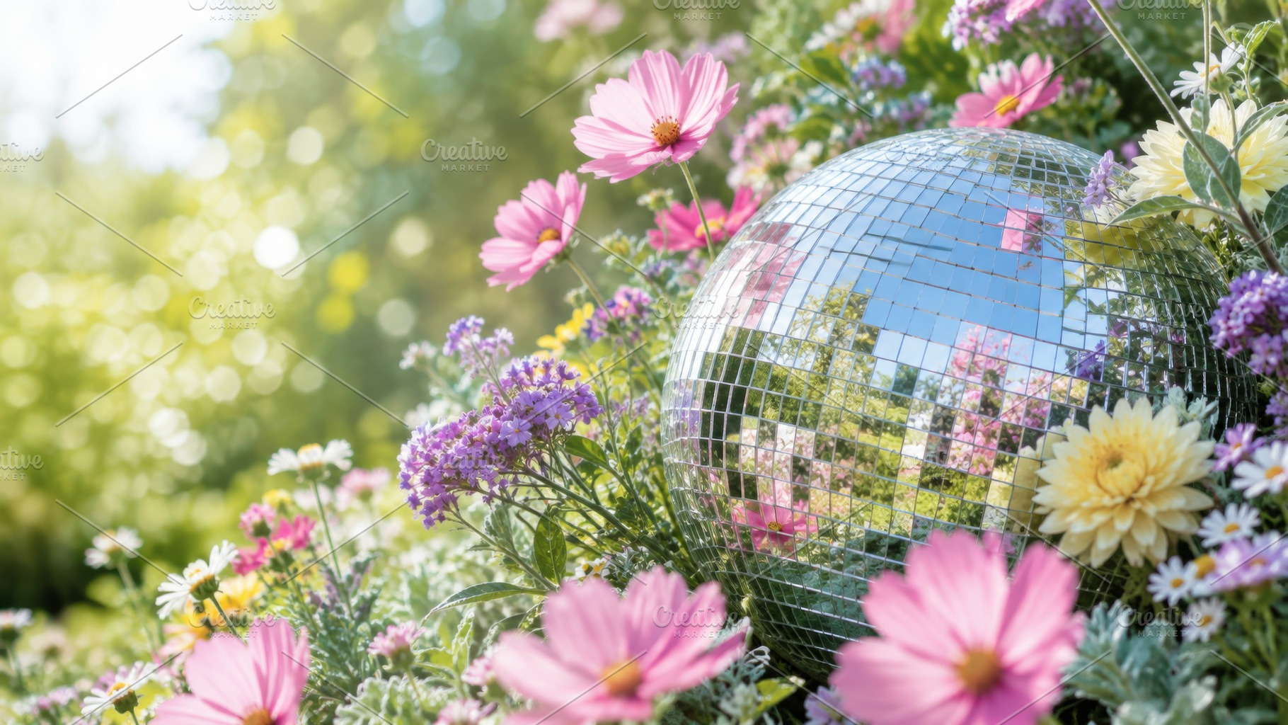 Disco ball nestled among colorful fl, a Photo by Dvoevnore photos