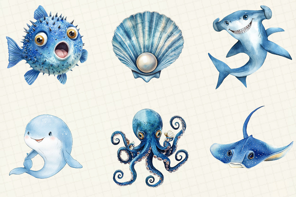 Watercolor Blue Ocean Animals Clipar, an Illustration by OK Design (Photo 2 of 5)