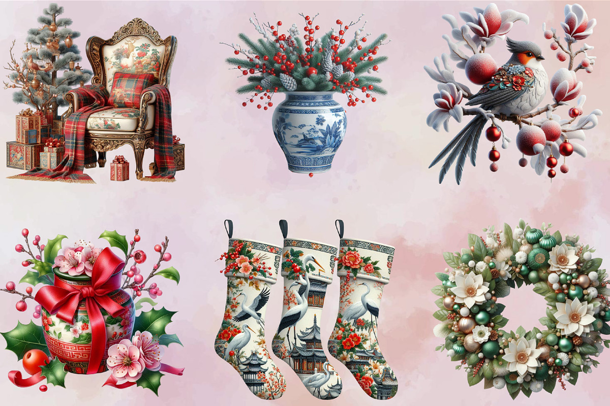 Christmas Chinoiserie Clipart Bundle, an Illustration by SVGArt (Photo 2 of 8)