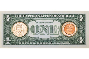 One dollar bill currency, one cent