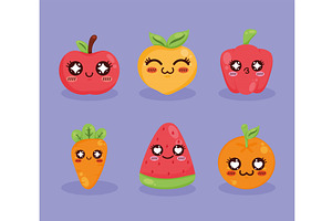 six kawaii fruits and vegetables, a Food Illustration by studiogstock