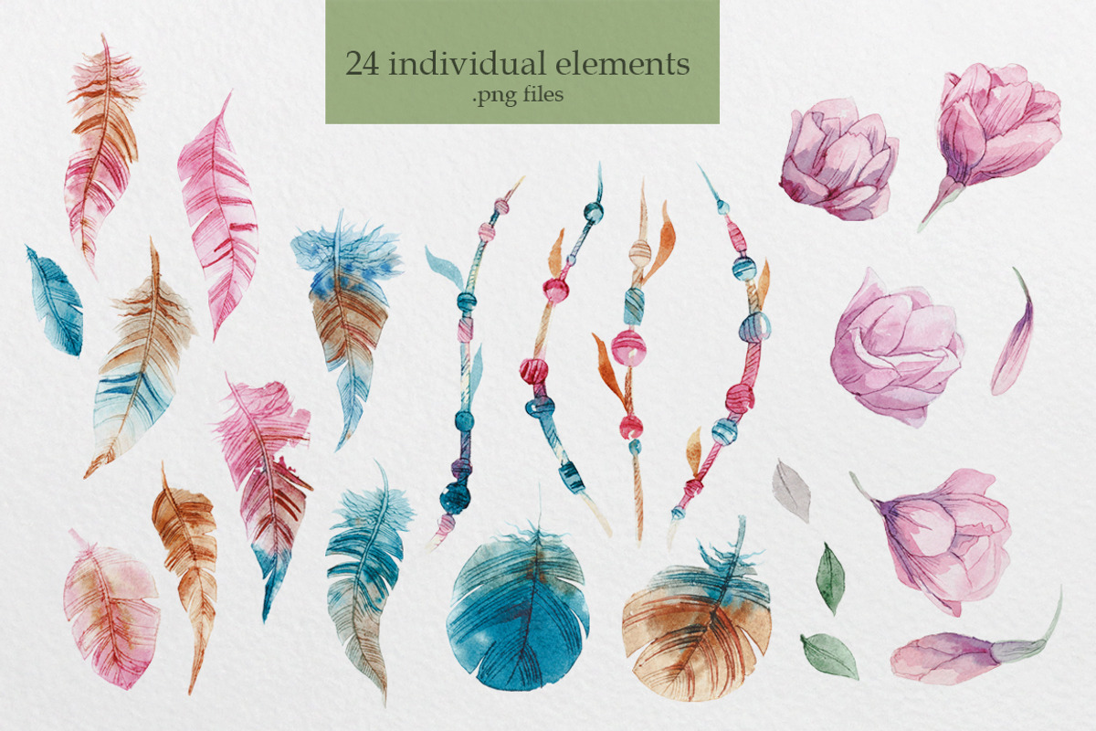 Watercolor feather and flowers, a Texture Illustration by katyabuslaeva (Photo 2 of 4)