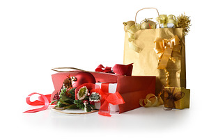 Red and gold paper gift bags with Christmas decorations cut-ou, a Holiday Photo by Davizro's Market