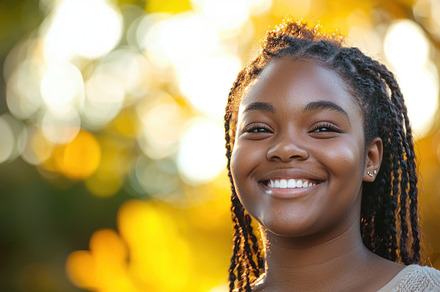 Smiling woman with curly hair enjoying a sunny autumn day outdoors Generative A, a Person Photo by José Manuel Gelpi