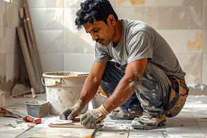 Man tile mason working inside a modern home, a Person Photo by DanFLCreativo