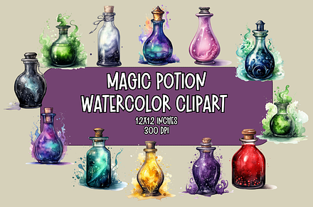 Watercolor Potion Bottles Clipart, an Object Illustration by Dreamy Little Graphics