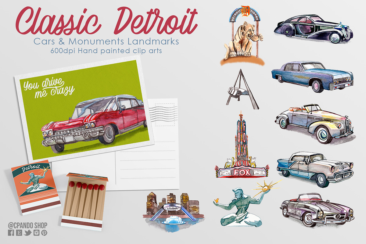 Detroit Michigan Classic cars & city, an Illustration by CpandoShop (Photo 1 of 2)