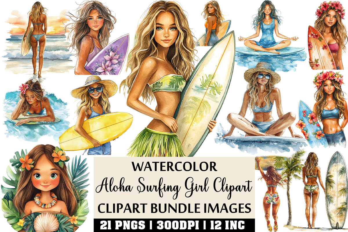 Aloha Surfing Girl Clipart Set, an Illustration by Craft Nest (Photo 1 of 4)