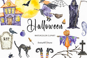Watercolor Happy Halloween Clipart, a Seasonal Illustration by SvetaArtStore (Thumbnail 1 of 8)