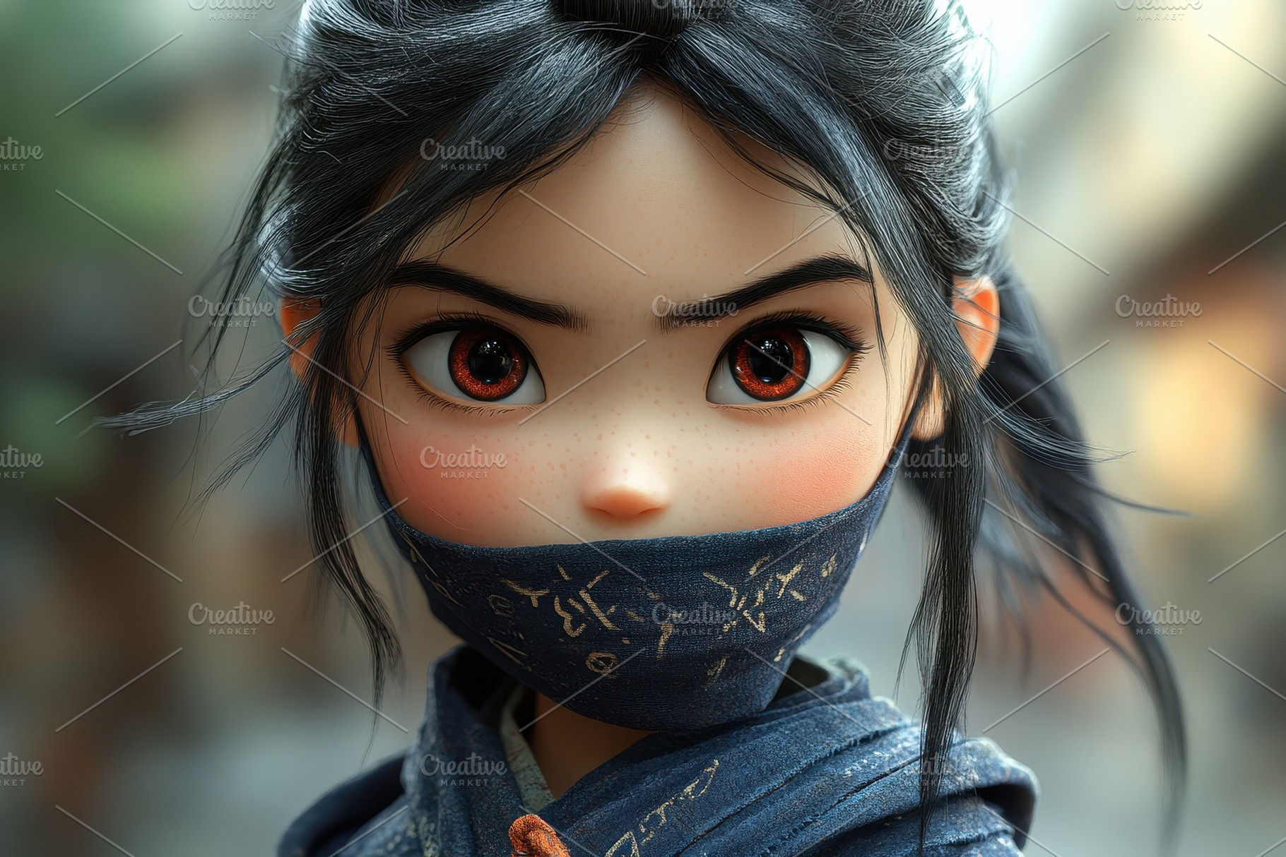 Young warrior wearing a mask stands, a Photo by Tanuart