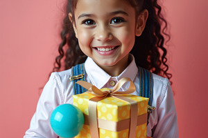 Smiling Girl Holding Gift Boxes Agai, a Person Photo by angellodeco