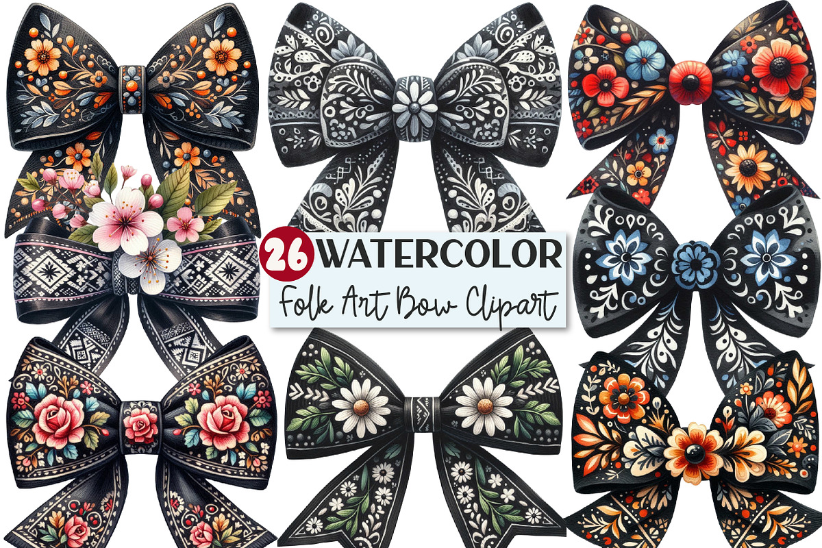 Folk Art Black Bow Flowers Clipart, an Illustration by Rose Art (Photo 1 of 4)