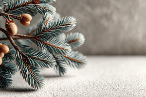 Blue spruce branch with natural pine cones on textured neutral b, a Holiday Photo by José Manuel Gelpi