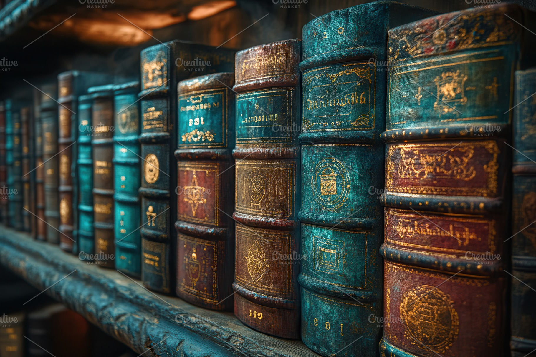 Vintage collection of leather-bound, a Photo by Tanuart