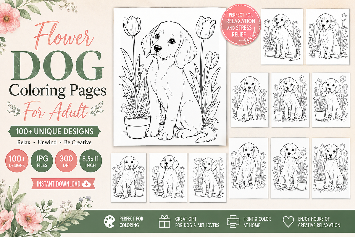 Flower Dog Coloring Pages for Adult, a Pattern Graphic by S Graphic Studio (Photo 1 of 3)