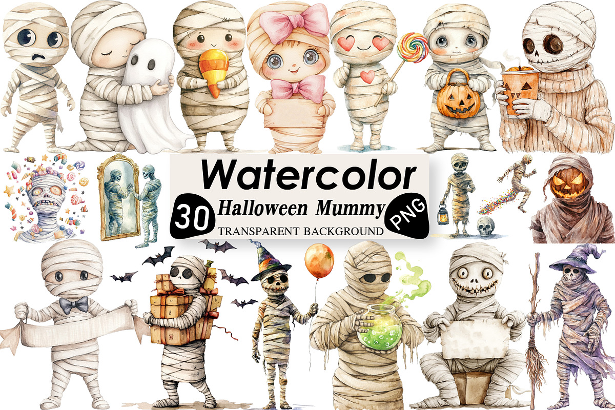 Watercolor Halloween Mummy Clipart, an Illustration by Black Bird Studio (Photo 1 of 6)
