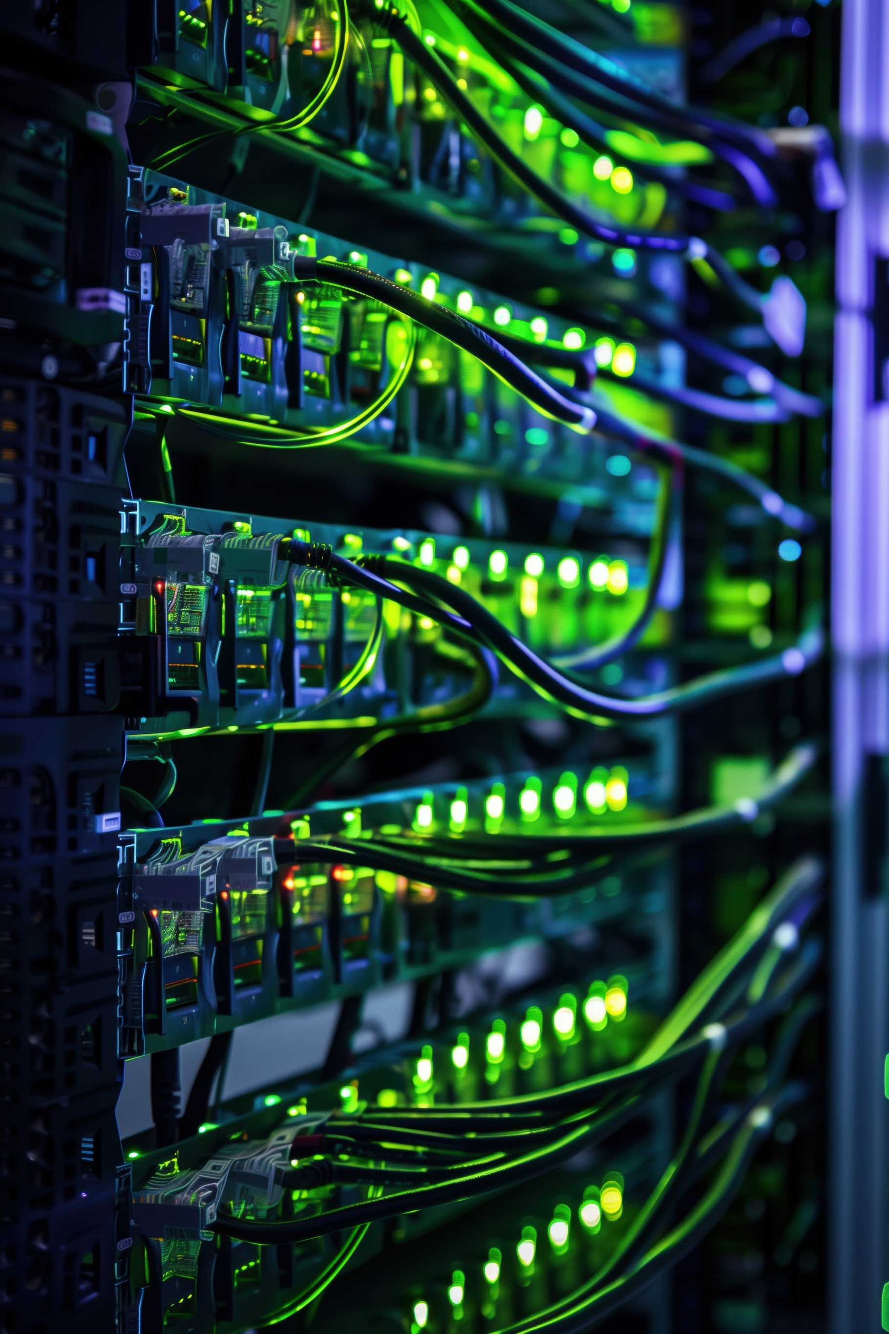 Server rack filled with illuminated green lights and cables. The image ...
