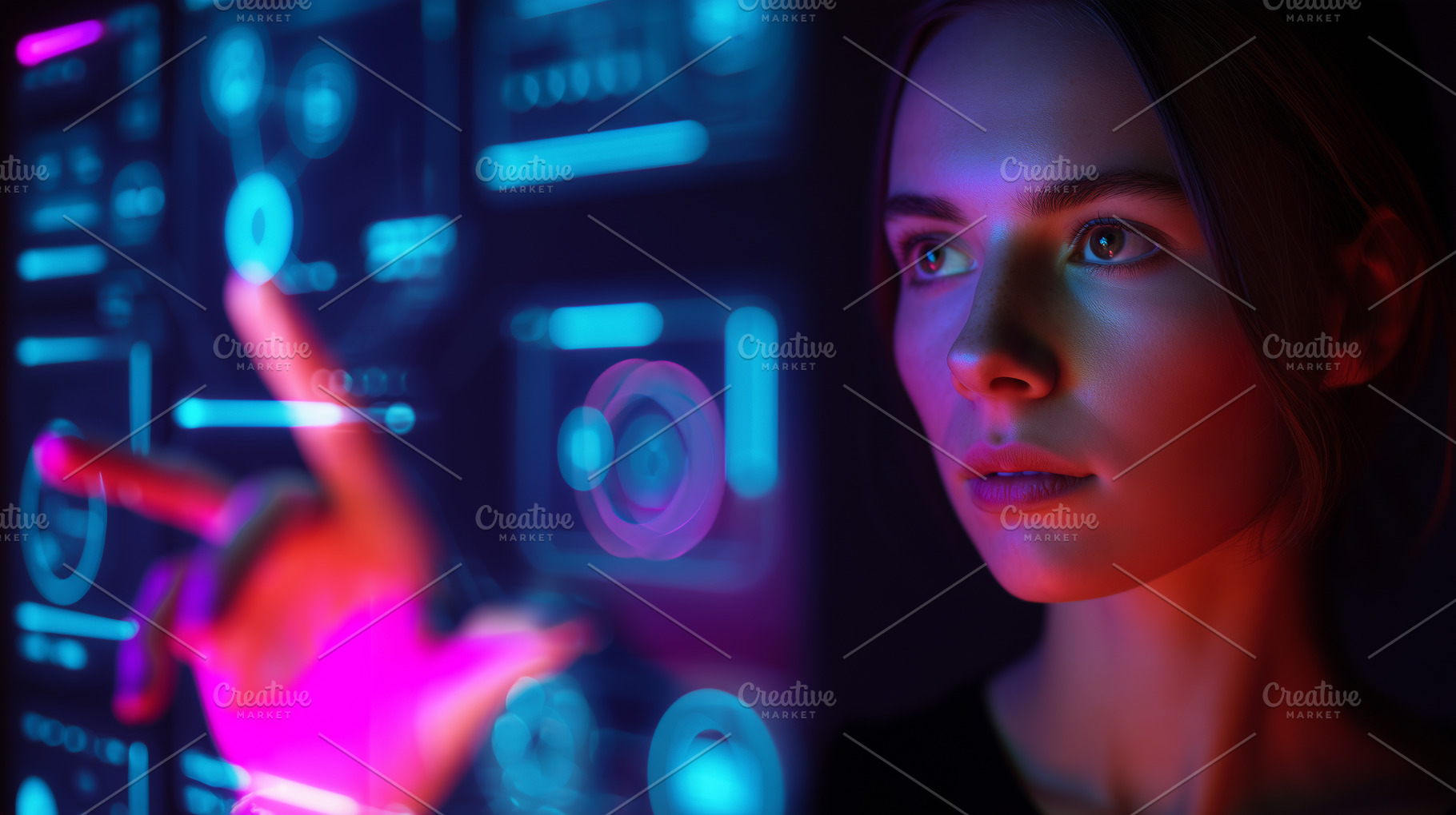 Young woman interacts with a virtual, a Technology Photo by MistyDay