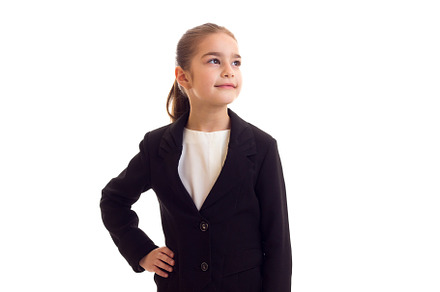 Little girl in black jacket at white stock photo containing background and