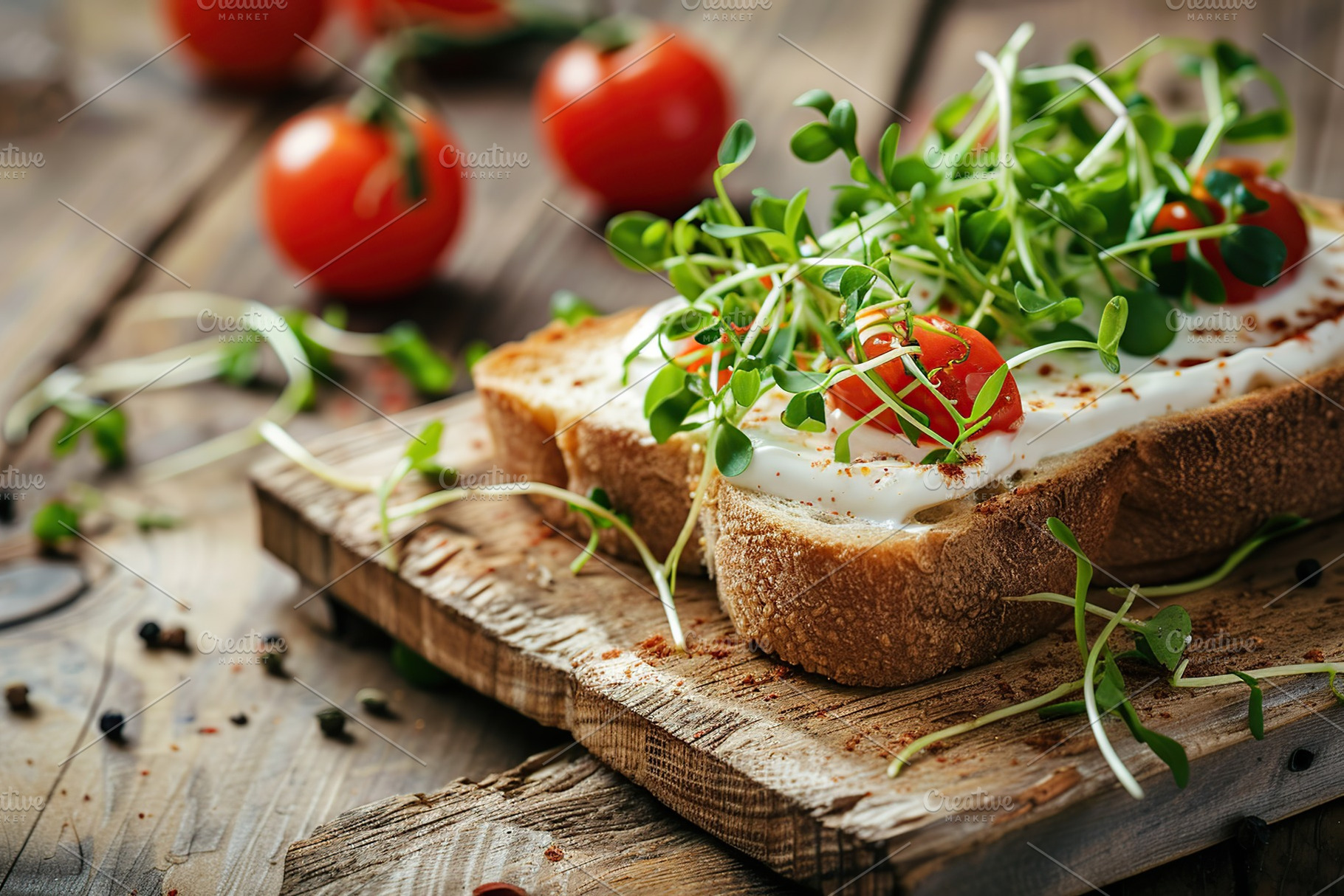 Sandwich with cream cheese, microgreens and tomatoes on wooden table, a Food & Drink Photo by AlyaAnd