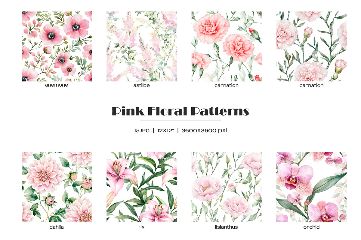 Watercolor pink flowers patterns set, a Pattern Graphic by Art and Funny (Photo 2 of 8)