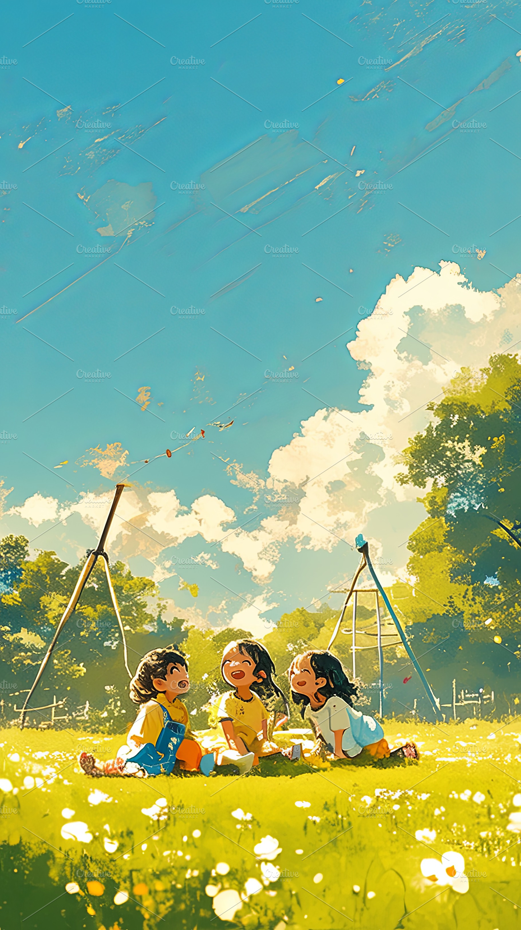 Three children laughing together outdoors under a sunny sky, a Photo by AS photostudio
